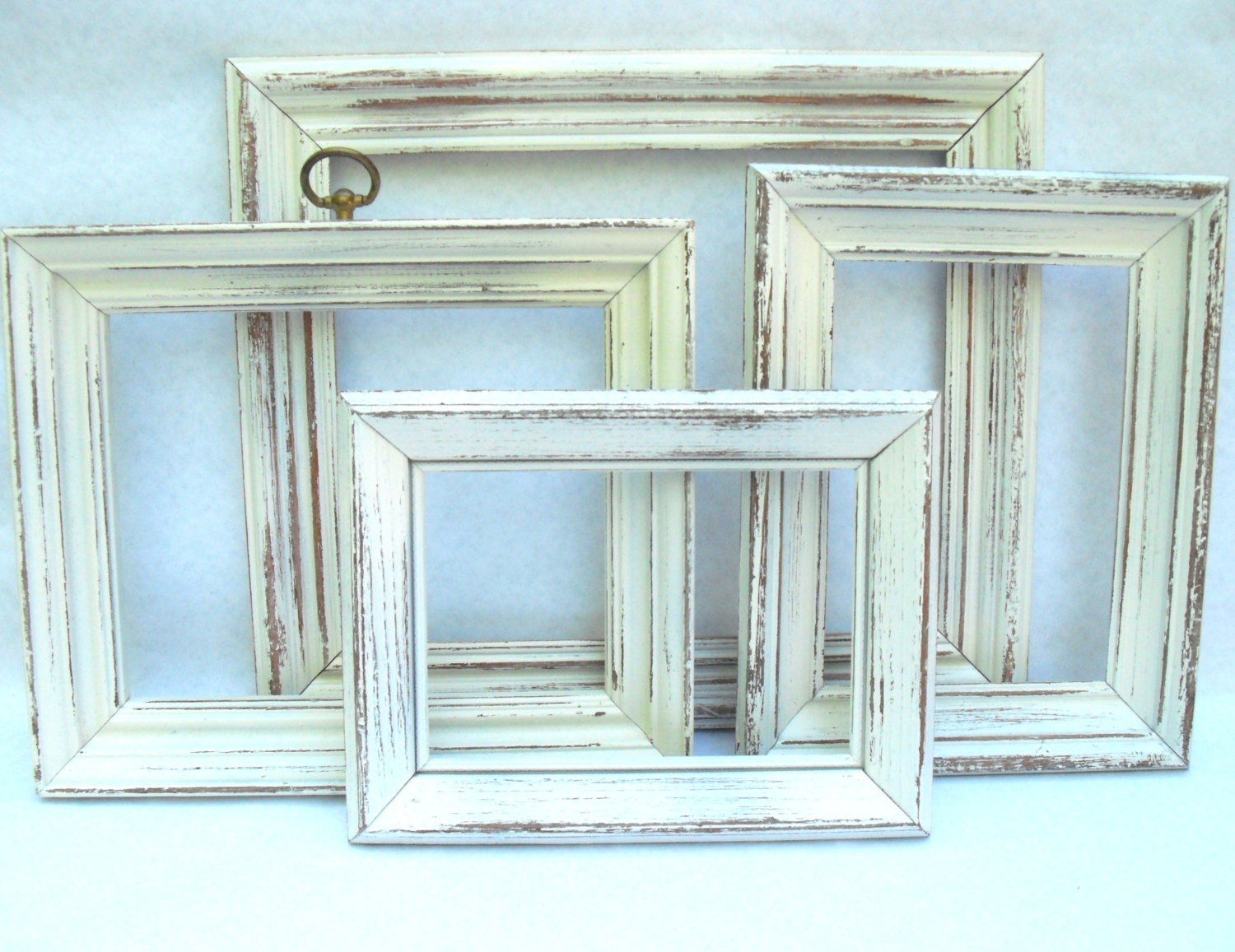 Vintage Wooden Frame Quartet - upcycled shabby cottage chic - 4 frames painted in antique white - Paris apartment rustic cabin bungalow