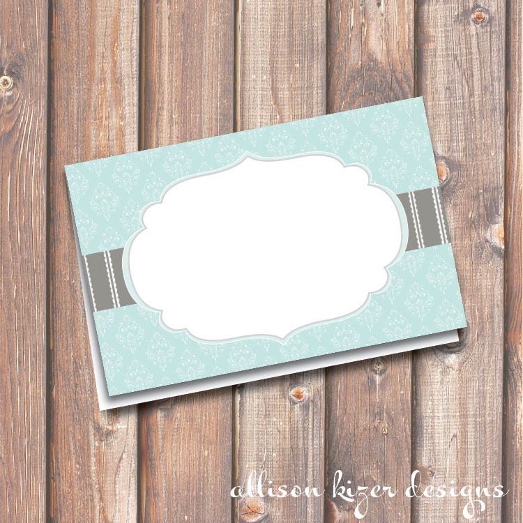Florence Aqua and Gray Printable Food Tags or Placecards 3.5 x 2.25" Tent-Style - INSTANT DOWNLOAD