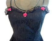 vintage LBD Black lace Sweetheart neckline slip dress Red Roses S