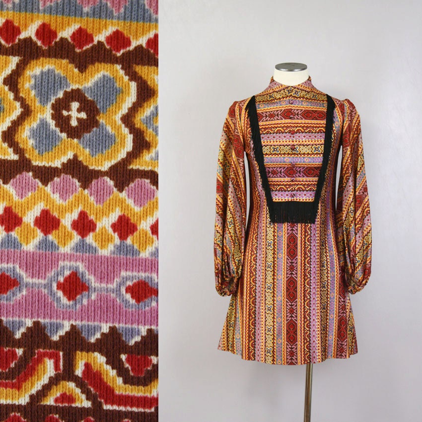 vintage 1960s mod dress / fringed A-line go go dress / bell sleeves / tribal geometrix