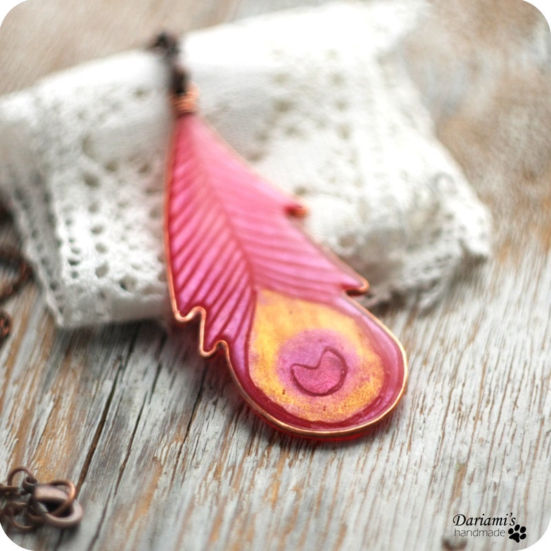 Valentine's Day Necklace - Red Peacock Feather