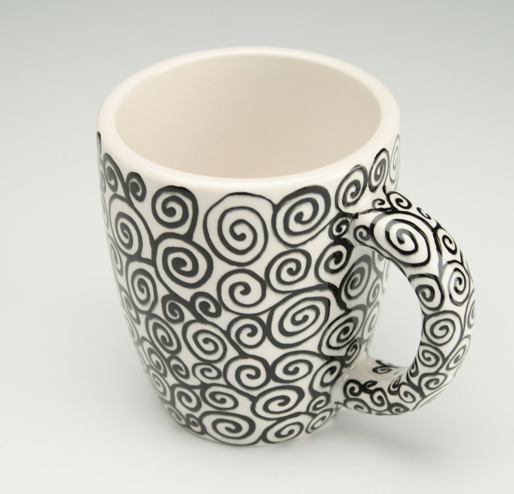 Cafe Mug - Swirls Black and White Hand Painted Designs