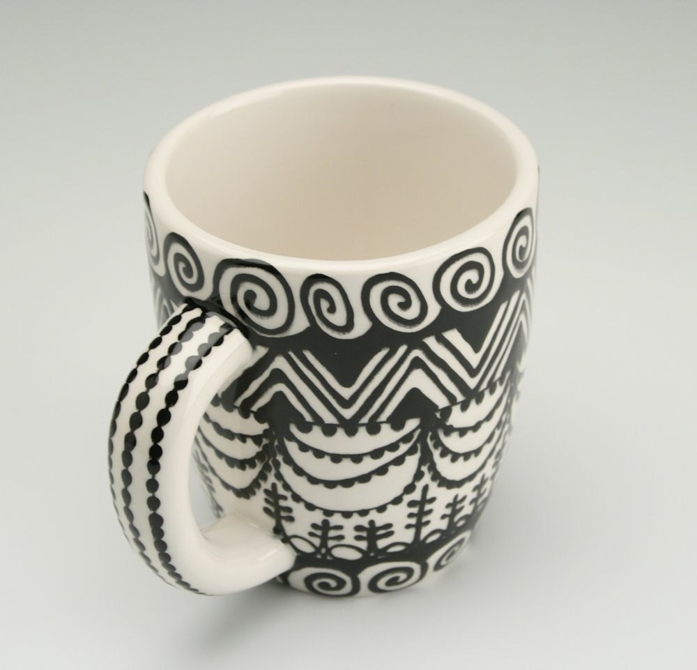 Cafe Mug - Black and White Hand Painted Designs Coffee Tea Mug