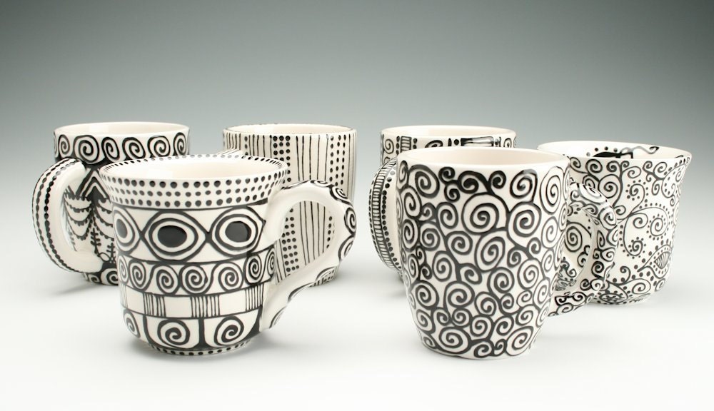 Flared Mug - Black and White Hand Painted Designs Coffee Tea Mug