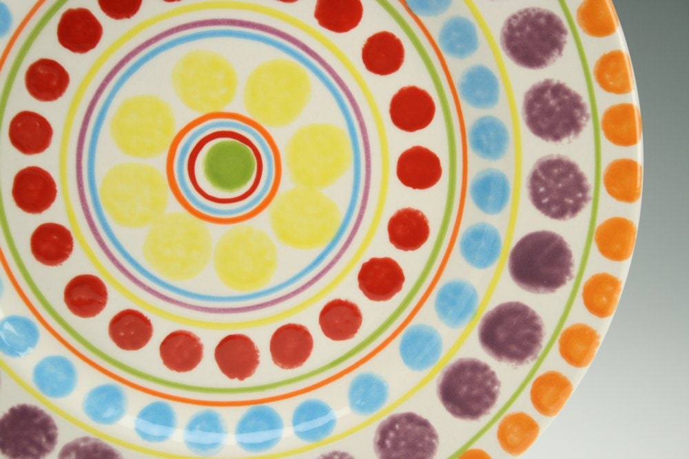 Polka Dot Dinner Rim Plate Hand Painted Dinnerware 10-3/4 inches