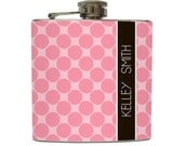 Pink Polka Dot Custom Personalized Name Flask Monogram 21 Bachelorette Bridesmaid Gifts - Stainless Steel 6 oz Liquor Hip Flask LC-1010