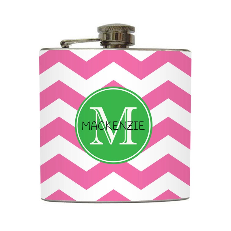 Personalized Flask with Your Name Monogram on Chevron Stripe Pattern Custom Color - Stainless Steel 6 oz Liquor Hip Flask LC-1068