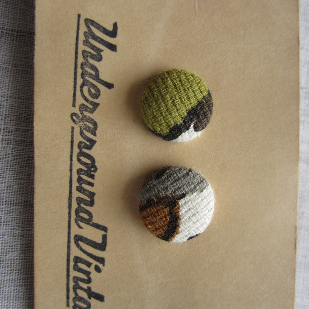 Feedsack and quilt covered earrings-Army Green, Grey, Brown, White