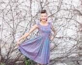 Sale Dress 1950s Vintage 50s Full Skirt  Rockabilly Plaid Gathered Bust  Small S XS