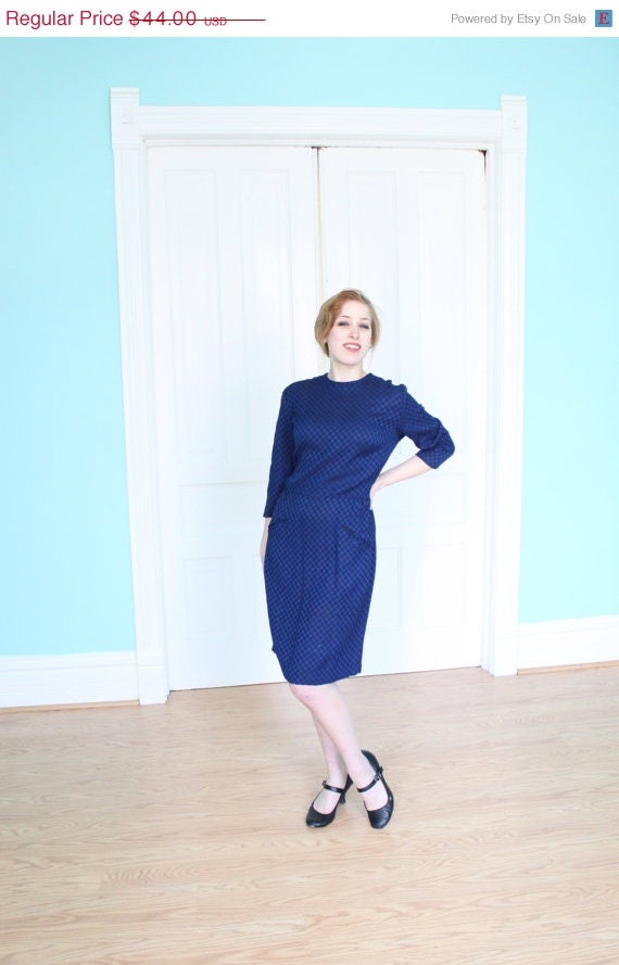 Sale Dress 1950s Vintage 50s Checkerboard Blue Black Sheath Secretary Mad Men L Large XL