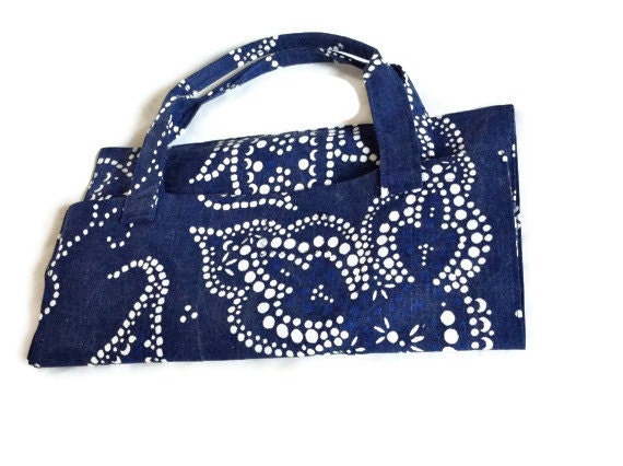 Market grocery shopping bag upcycled reusable navy blue white dots