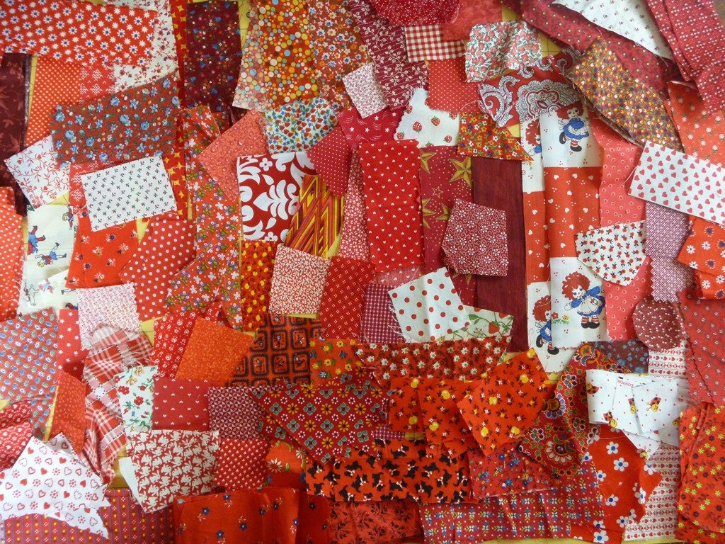 4 ozs of Vintage and Newer Tiny Cotton Red Fabric Scraps..Fabric Scraps Less Than 2 Inch Widths-Red Calico Fabric Scraps