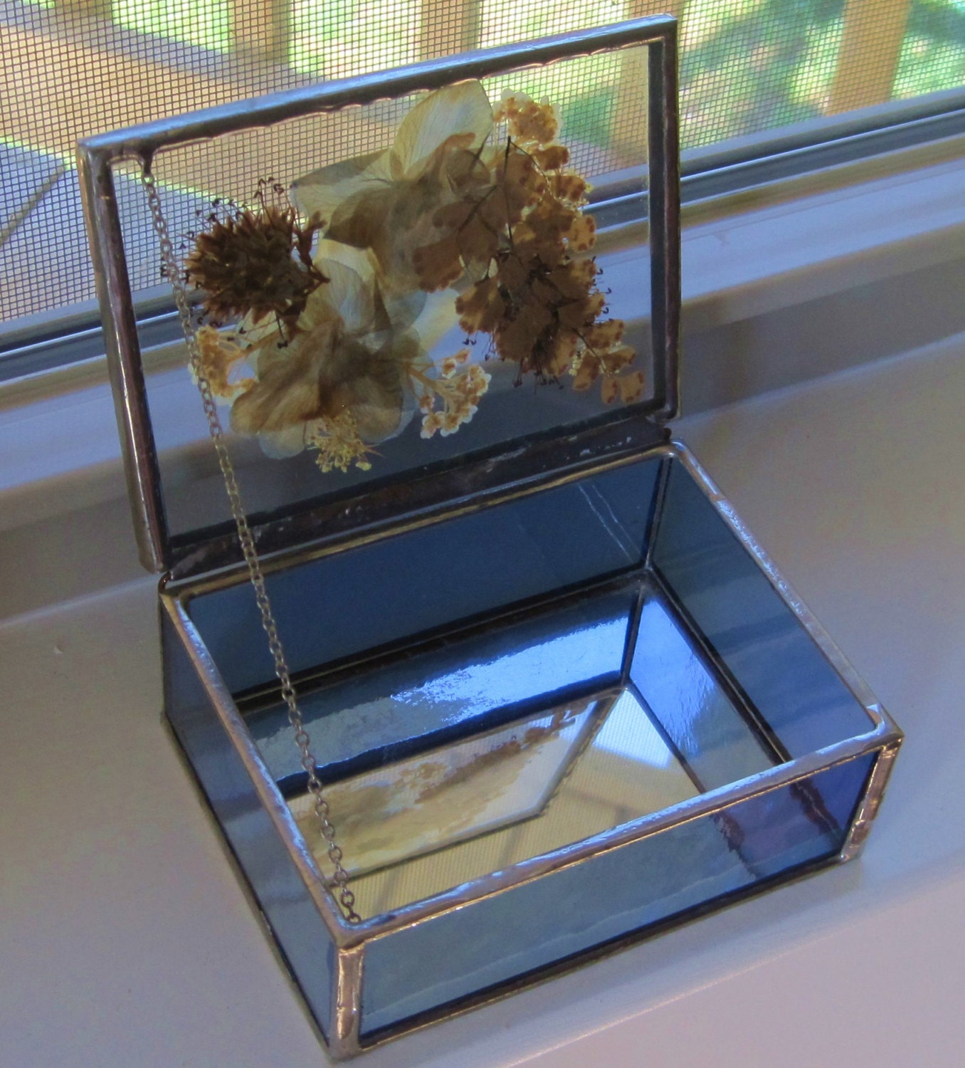 10%off use code (marchmadness1) Glass Leaded Jewelry/Trinket Box Light Blue and Clear Glass Adorned inside the Glass with Dried Flowers