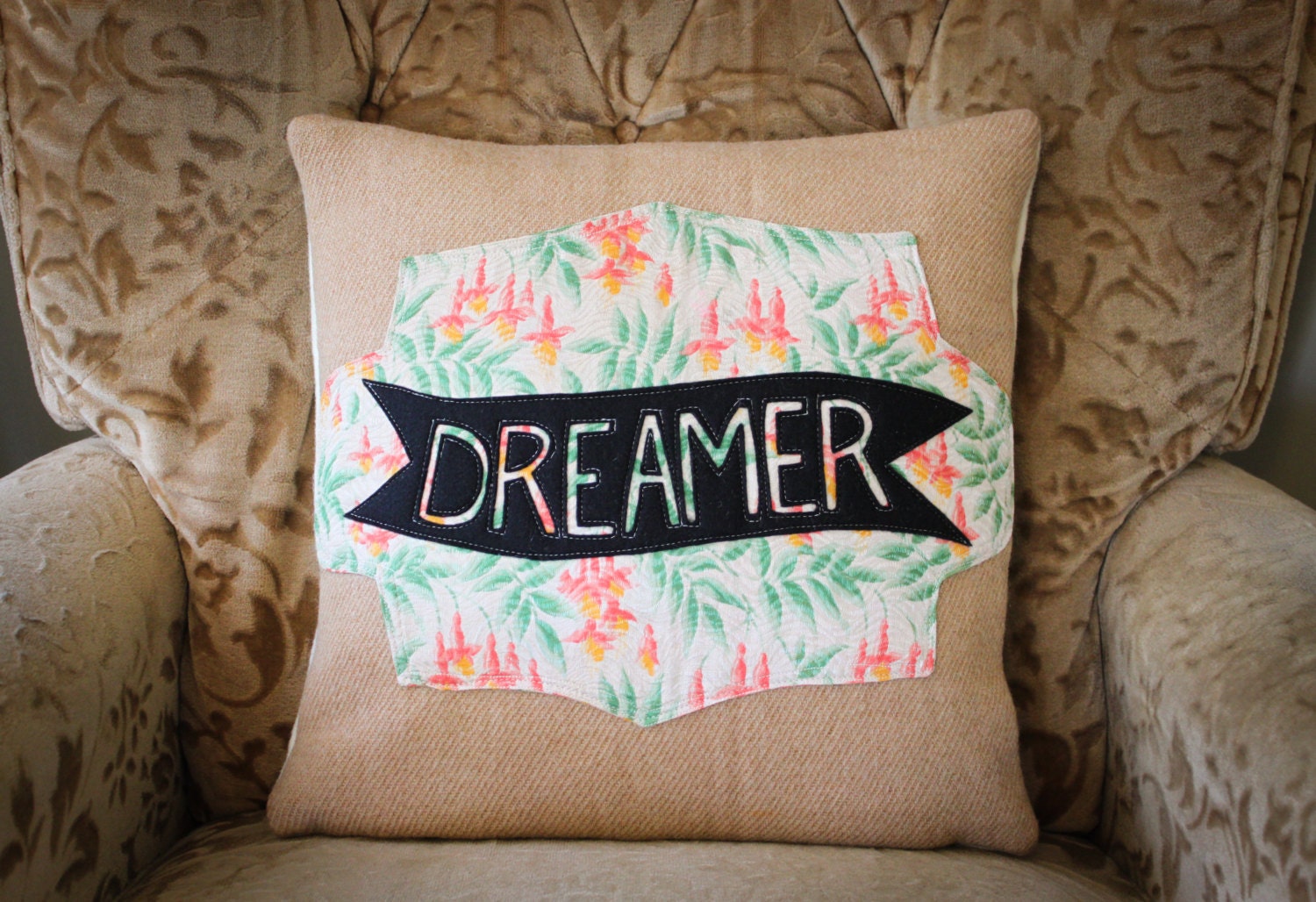 NZFINCH tan dreamer banner cushion cover, vintage floral fabric, zip close