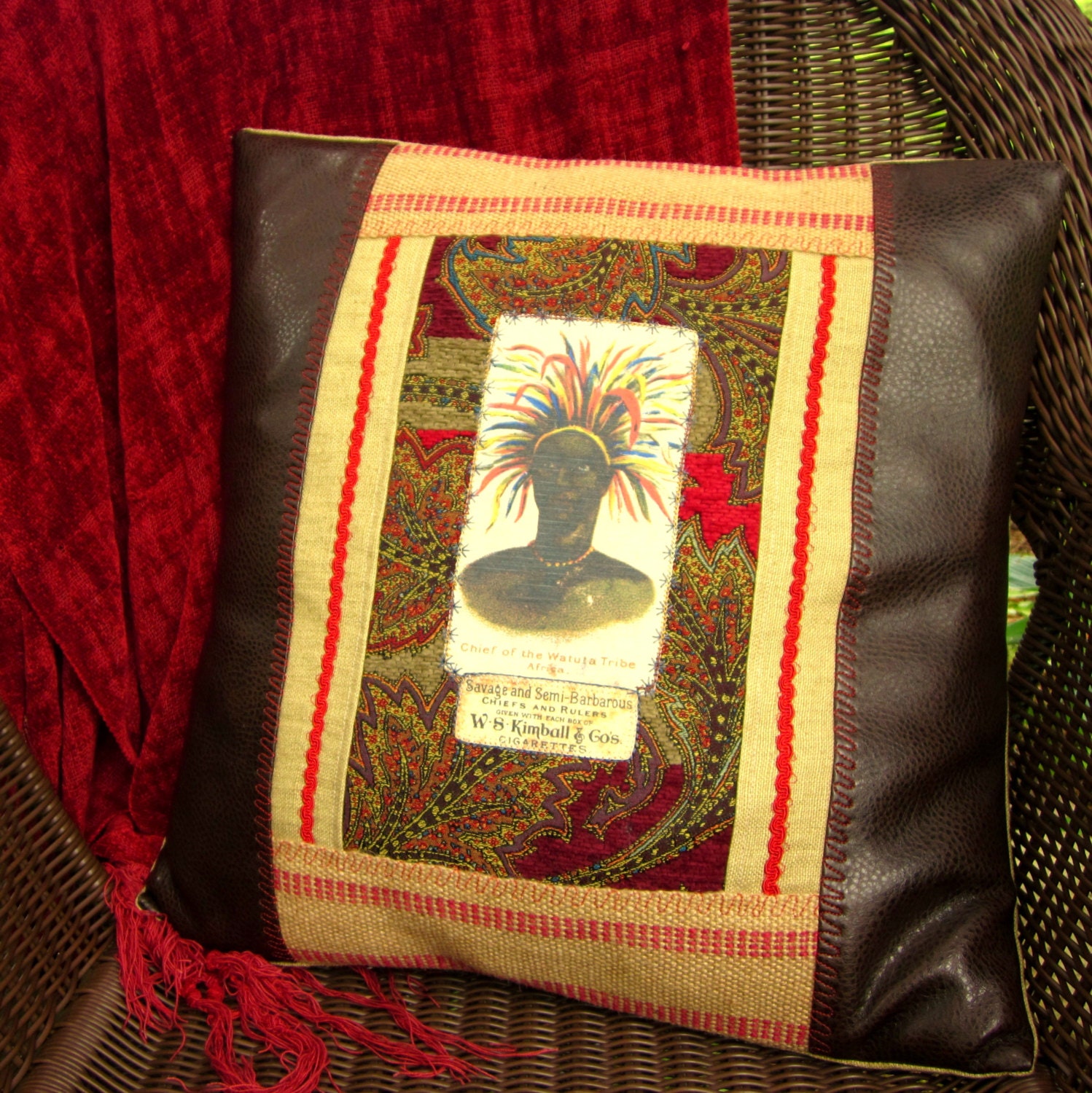 Handmade Rustic 18" Pillow Cover Featuring Antique Cigarette Card Image Appliqued on Upholstery Fabric, Linen, Burlap Trim and Faux Leather