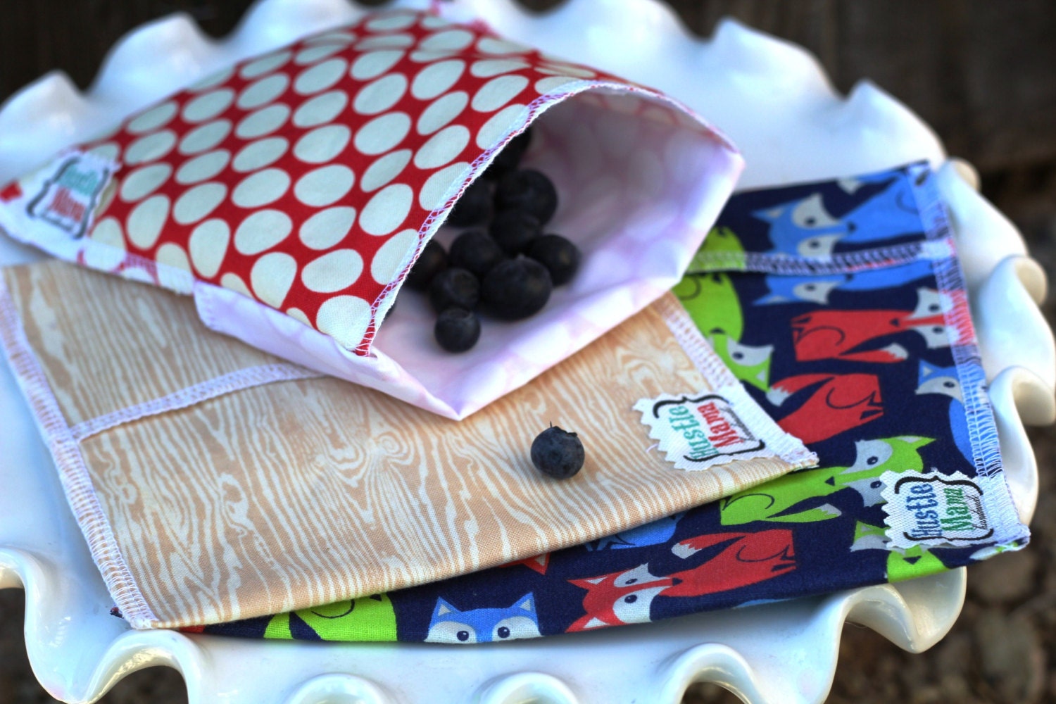3 bags - Reusable Ecofriendly Sandwich Bag  and 2 Snack Bags - Sly Fox - Amy butler dot - faux bois