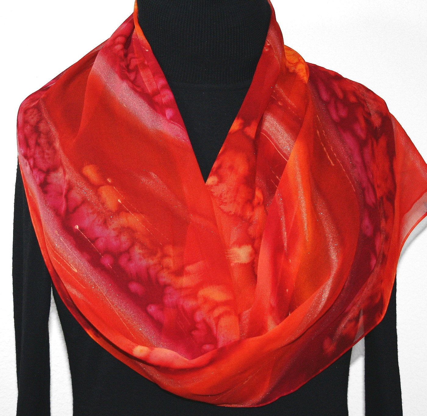 Hand Painted Silk Scarf Passion Flames. Scarf in Red and Burgundy. Extra LONG 11x90. Made in Colorado. 100% chiffon silk. MADE to ORDER.