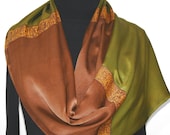 Silk Scarf Hand Painted Tuscany Summer. Silk Scarf in Antique Green and Brown. Size LARGE 14x70. Made in Colorado. 100% silk. MADE to ORDER