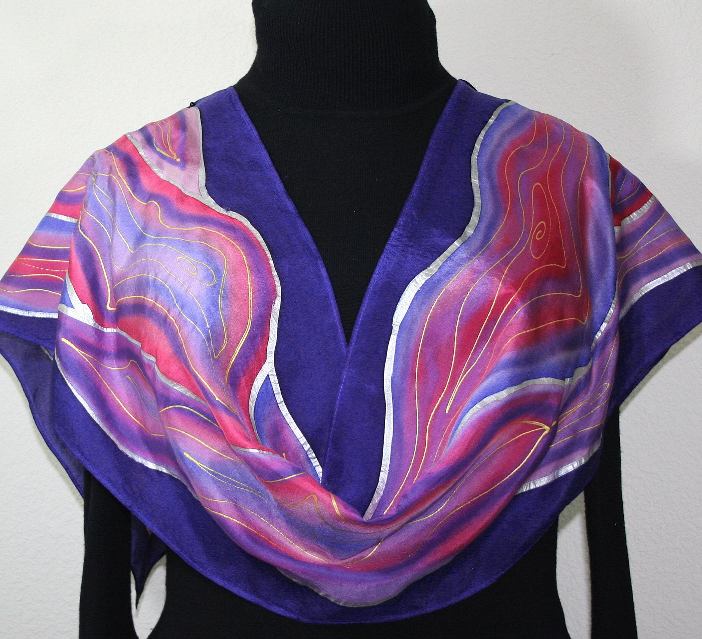 Hand Painted Silk Scarf Purple Music. Scarf in Purple, Periwinkle, Dark Pink. Size 11x60. Made in Colorado. 100% silk. MADE TO ORDER.