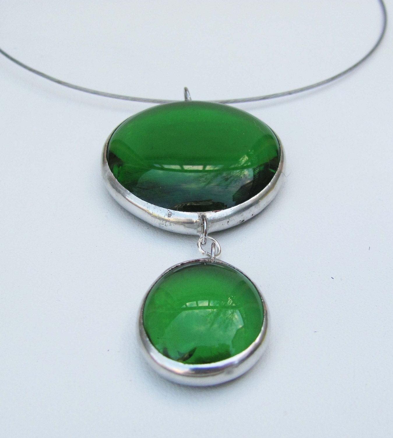 Handmade Spring Green Stained Glass Necklace, Stainless Steel Choker, Double Tier, Wedding Jewelry