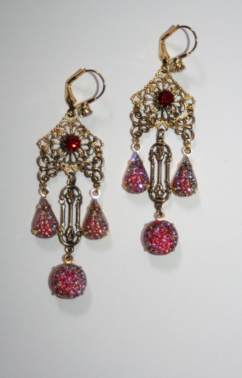 Vintage German Ruby red ab Sugar glass chandelier crystal Deco Nouveau earrings