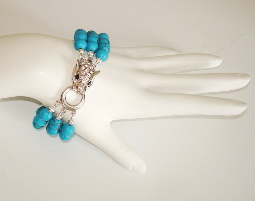 Ashira 3 Strand Turquoise Statement Bracelet with Stunning Panther and Swarovski Crystal Clasp - fits 7 1/2"