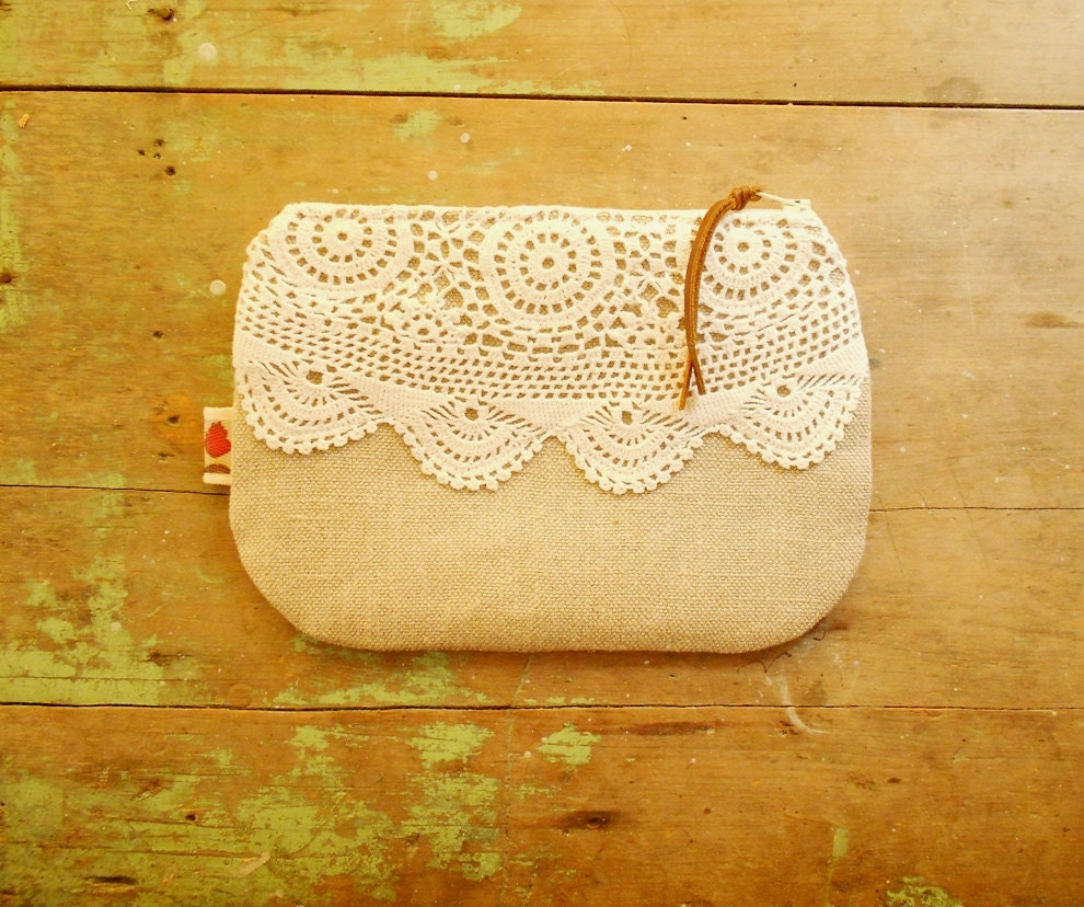 Crochet lace clutch purse / taupe linen zip purse / upcycled / bridesmaid clutch