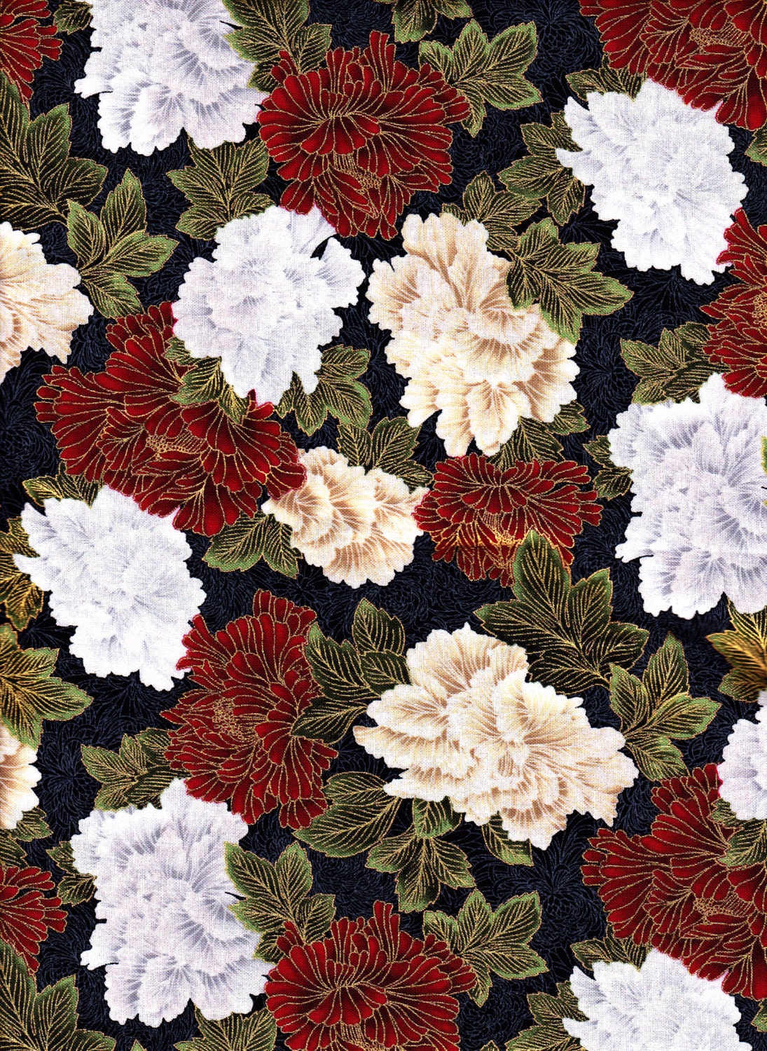 Cotton Christmas Fabric, 1 Yard, Floral, Red, Green, White, Gold Metallic, Quilt, Quilting, Pillow, Holiday Decor, More Yards Available