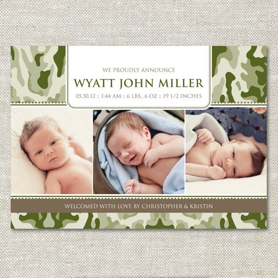 Camouflage 3 Photo Custom Birth Announcement (Digital or Printed)