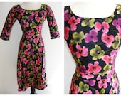 Vintage 1950's Dress. Bright watercolor floral print, full skirt with box pleats, 3/4 sleeve, cocktail length. Spring Party Pin Up, VLV.