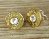 Classy, Dainty 30-30 Brass Bullet Head Earrings with Swarovski Crystals