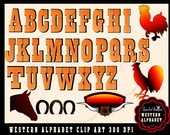Alphabet Western ClipArt Cowboy Clipart Wood Grain Horse Clipart Horseshoe Rooster Clipart Cattle horn Cowboy Clip art Digital Scrapbooking Il_170x135