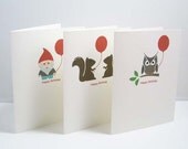 Birthday Cards Set of 3 Woodland Owl Gnome Squirrels Blank A2