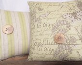 Pillow Cover 14x14 Butterfly Botanical Print, Script Background, Celery Green, Cream. Wood Button .