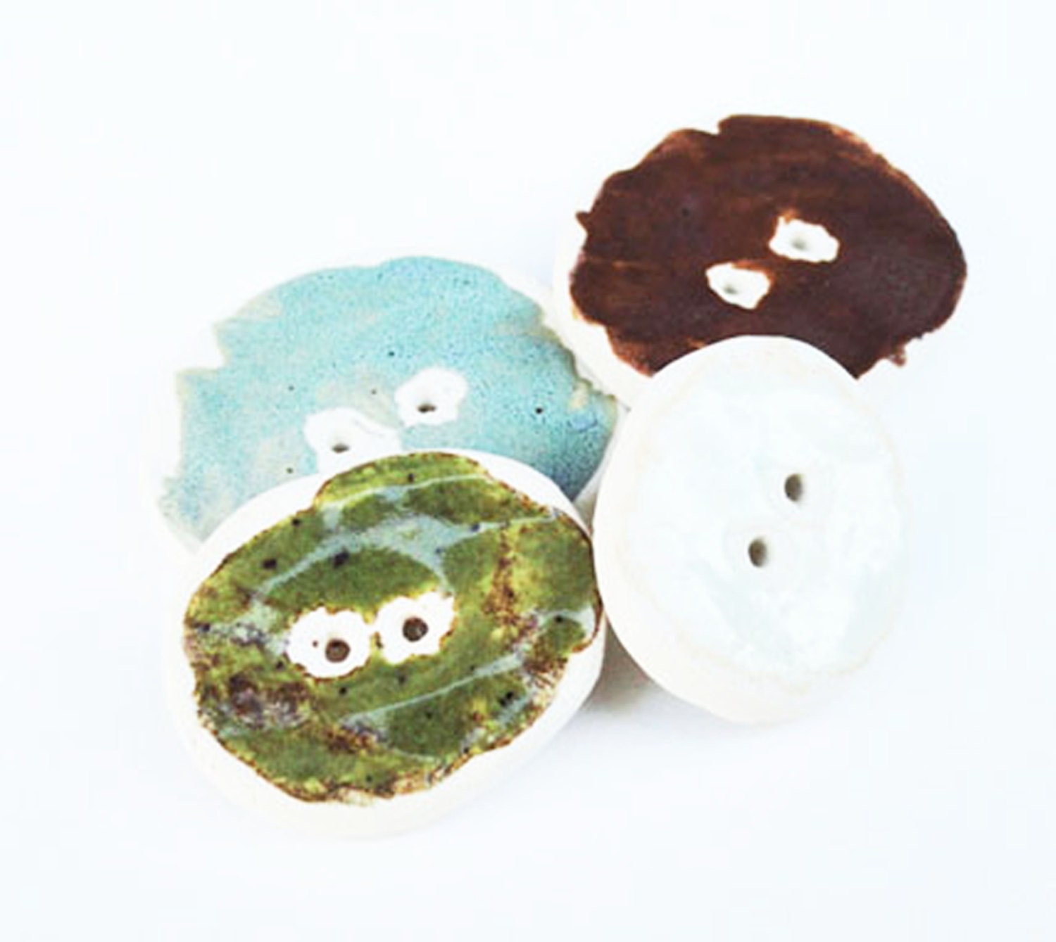 Handmade Ceramic Pottery Buttons Sweater Knitting Freeform Earthy Organic Rustic Round Woodsy Green Moss Blue Sky Red Soil Set of Four 4