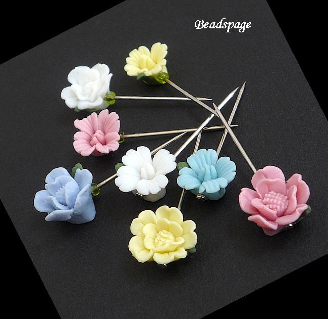 8 Assorted Flower Porcelain Pins, Sewing pins, Cushion pins, Hijab Pins, Decorative thumbtacks, Cute kawaii notice board push pins, School