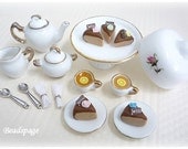 Dollhouse Miniature Victorian Porcelain High Tea Set, Cake Platter stand, Doll Tea cups pot plates, Pastry, Party, Fake food, Kawaii