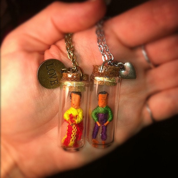 Large Glass Vial Pendant Necklace With Real Vintage Worry Doll - With Your Choice of Chain & Charm