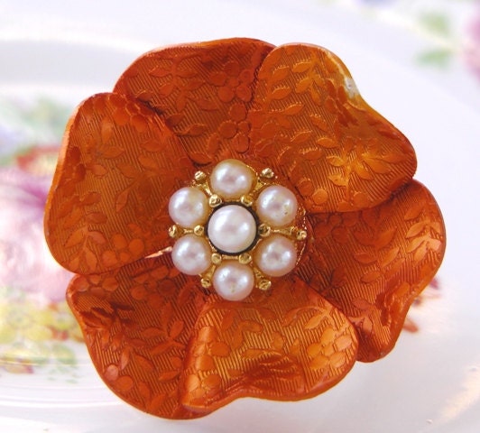 Repurposed flower ring, orange pearl