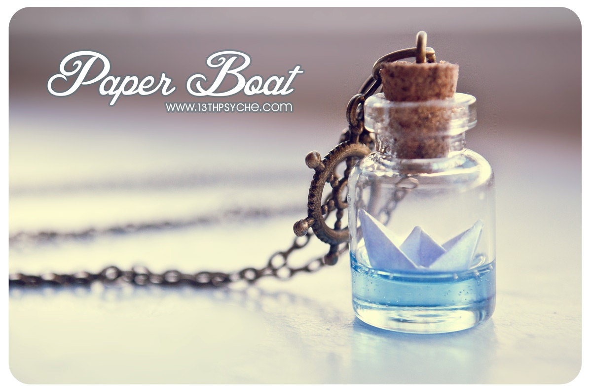 Paper Boat bottle Necklace. Ocean necklace, Glass Vial Necklace. Glass Bottle Pendant. Cute Necklace. Miniature bottle