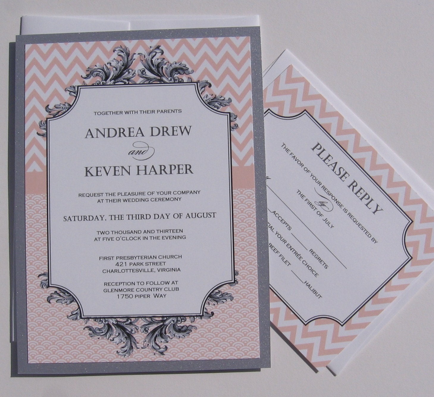 Modern Invitation, Vintage Invitation, Peach Invitation, Chevron Pattern Invitation - Sample Set