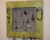 Earring Organizer Jewelry Frame Wall Mount with Screen and Designer Paper in green paisley.