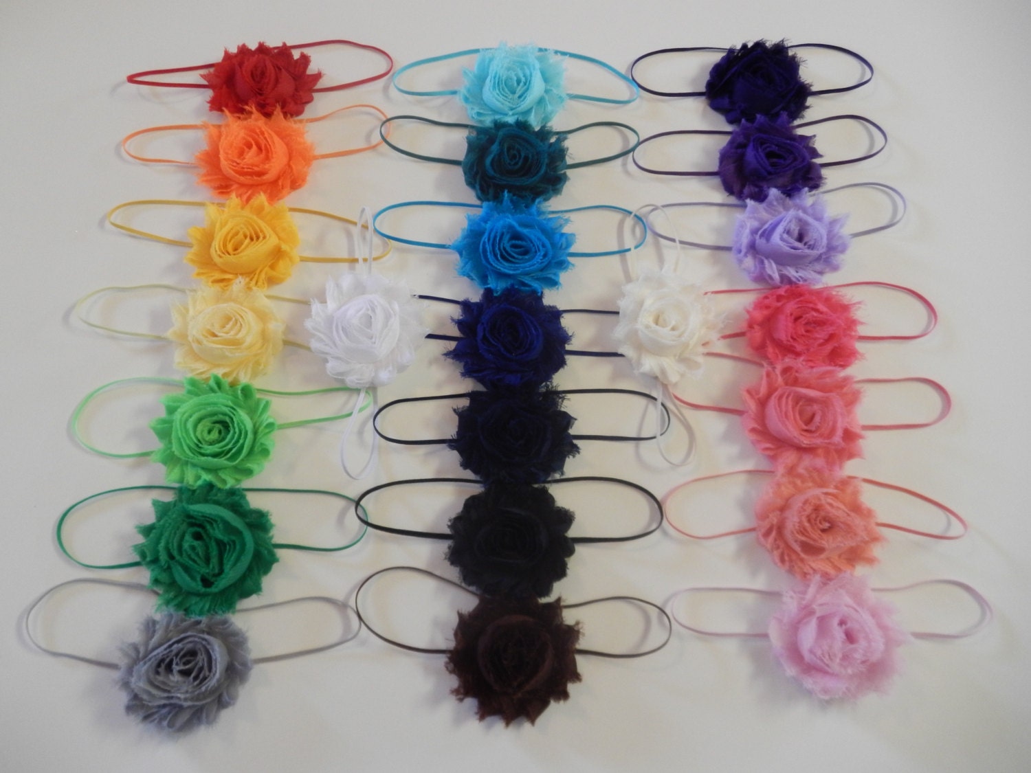 You Pick 7 - Shabby Chic Rose Headband or Clip Set - 54 colors and prints - Infant Headband - Newborn Headband - Children's Headband