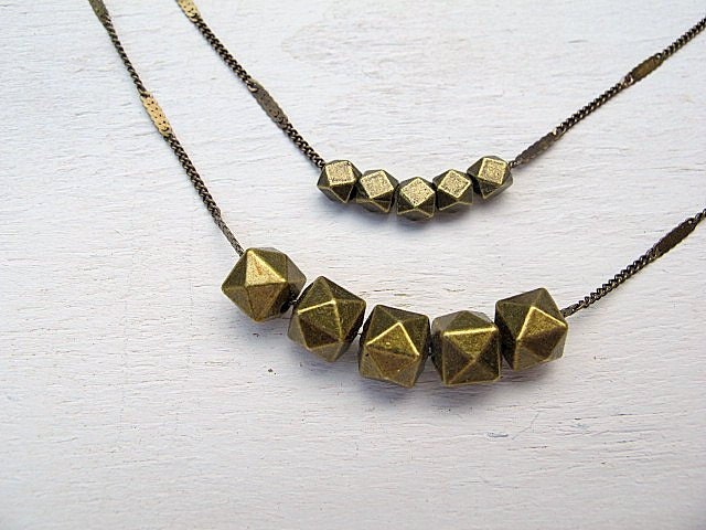Double Strand Geometric Necklace: Beaded Necklace, Cube Beads, Antique Brass Finish, Modern, Contemporary