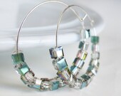 Green & Purple Hoop Earrings. Silver Earrings. Plum, Rose, Amethyst and Silver Aurora Borealis glass beads on silver plated hoops.