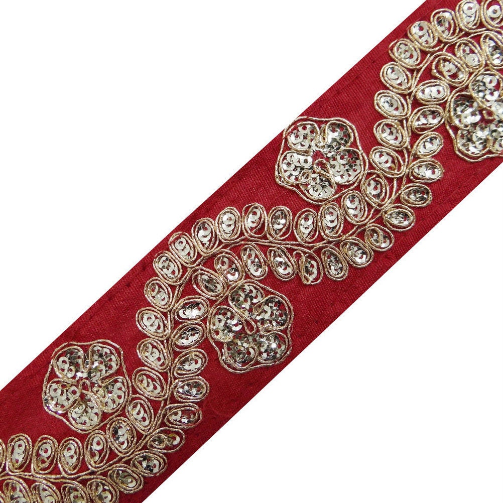 FREE SHIPPING Red Fabric Royal Style Trim Sequin Bullion Lace Border Sewing Craft By The Yard - FT202C