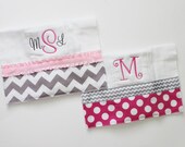 2 Personalized Burp Cloth Set in Pink and Gray - Chevron and Polka Dots