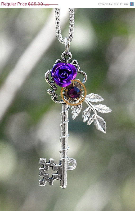 SALE -- Dark Purple Winter Rose Key Necklace -207