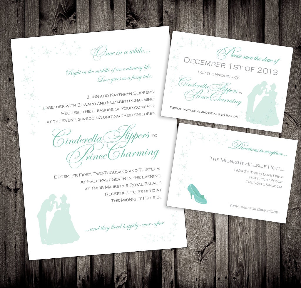 Princess Themed Royal Wedding Hand Illustrated Cinderella Tiffany Blue Wedding Invitations