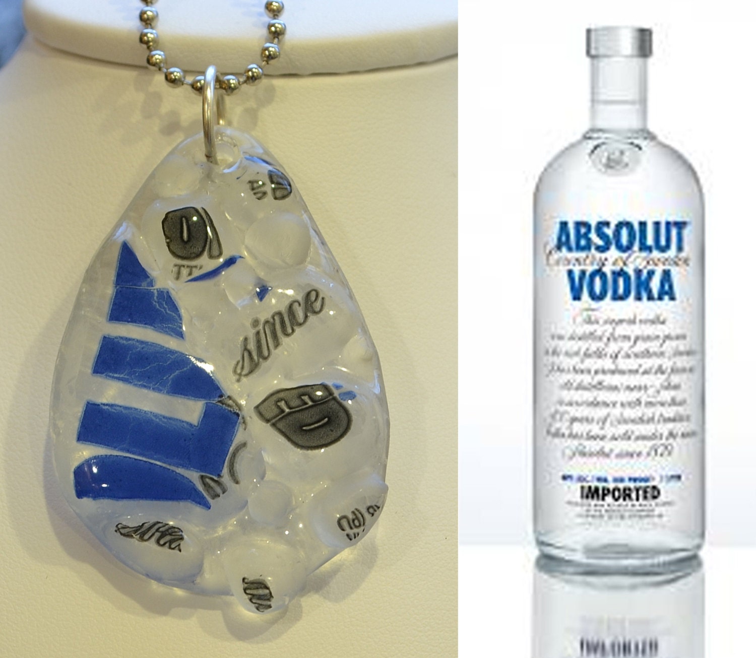 Absolut Vodka Pendant, Upcycled Wearable Art, Fused Glass Recycled Necklace, Signed Original